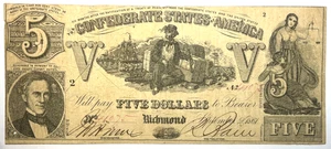 1861 $5  CONFEDERATE STATES CURRENCY CIVIL WAR NOTE PAPER MONEY T-37  CUT - Picture 1 of 2