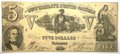1861 $5  CONFEDERATE STATES CURRENCY CIVIL WAR NOTE PAPER MONEY T-37  CUT - Image 1 of 2