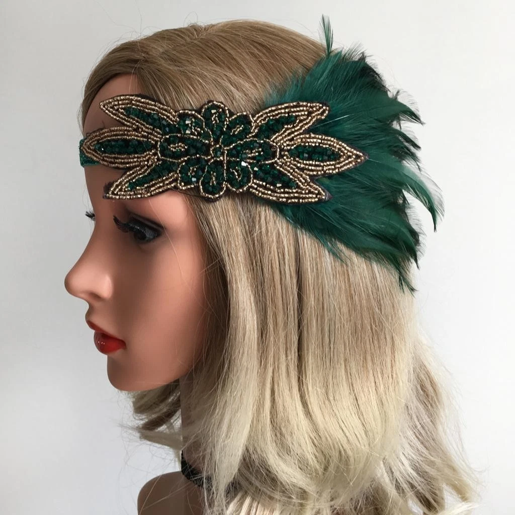 Noir,Vert Cristal Plume Gatsby Serre-tête Vert Pierre Du Rhin Flapper