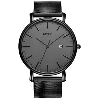 Reloj Pulsera BUREI Hombre Moda Minimalista Analógico Gris Profundo Fecha con Malla Negra Foto 1 de 4