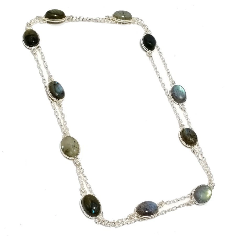 Blue Fire Labradorite Gemstone Handmade 925 Sterling Silver Jewelry Necklace 36" - Image 1 of 1