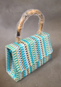 Women Wicker Handbag Purse Shoulder Bag Chain Bamboo Handle Blue Green Beige - Picture 1 of 13