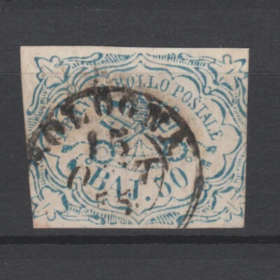 ESTADOS PAPALES ITALIA 1852 Usado 50 B Imperf Blue Sass #10 CV 3500 € Firmado BPP Foto 1 de 2