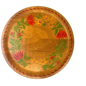 Vintage Wooden 11" Folk Art Painted Platter Floral Toleware 70s MCM Kitchen Deco - Picture 1 of 4