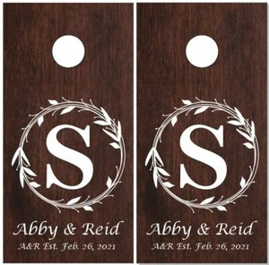 Family Name Wreath Dark Wood Cornhole Wrap Bag Toss Skin Decal Sticker Wraps - Picture 1 of 1