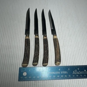 Vintage Faux Antler Stag Handle Stainless Steel Steak Knives 4pcs Japan - Picture 1 of 2