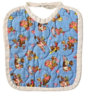 Vintage Baumwolle gesteppt Baby Lätzchen blau rosa Teddybären Spielzeug Kleinkind Tie Back 90er - Bild 1 von 3