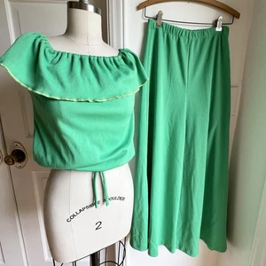 Conjunto de pantalones y top palazzo vintage de poliéster verde pierna ancha elástico - Imagen 1 de 9