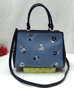 Kate Spade Leila Blue Canvas Leather Floral Double Handles Satchel Shoulder Bag - Picture 1 of 19