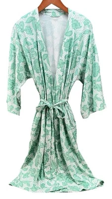 Garnet Hill кимоно халат Wonen XS органический хлопок рубашка зеленый цветочный - Изображение 1 из 4