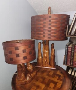 Vtg Cypress Knee Lamp Woven 2 Tone Shade Natural Wood Sculpture Mid Century - Picture 1 of 24