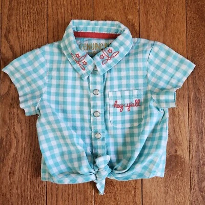 Camisa OshKosh Genuina Niñas 12 Mos Aqua & White Cuadros "Hey Y’all" Rodeo Vaquera Foto 1 de 4
