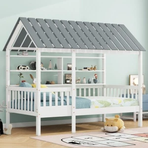Wood Bed Frame Twin Size House Bed w/Roof, Guardrail and Shelves for Kids White - Picture 1 of 12