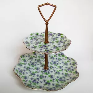 VTG Lefton China Chintz Violet Hand Painted Flowers Gold trim Snack 2 Tier Tray - Picture 1 of 4