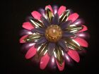 BEAUTIFUL VINTAGE ENAMEL FLOWER PIN 1960s AND 70s PINK ,PURPLE AND SILVER WOW