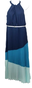 Julia Jordan Blue Navy Color Block Maxi Dress Halter Knot Neck Pleated NWT 12 - Picture 1 of 10