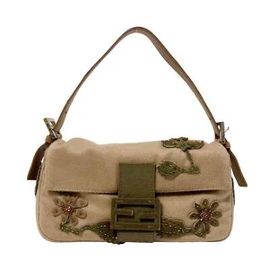 FENDI Baguette Brown Cashmere Flower Embroidered with Beads Shoulder Bag - Picture 1 of 16