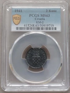CROATIA ZINC 2 KUNE UNC COIN 1941 YEAR KM#2 PCGS GRADING MS63 - Picture 1 of 3