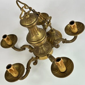 Vintage French 5 Arm Art Nouveau Style Heavy Brass Ceiling Light Chandelier - Picture 1 of 24
