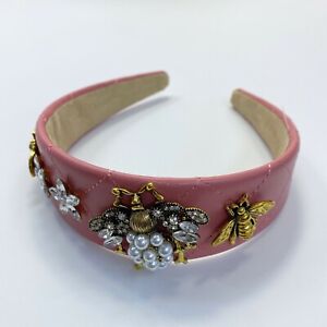 Pink Faux Leather Rhinestones Pearl Deco Animal Bee Accented Women Headband