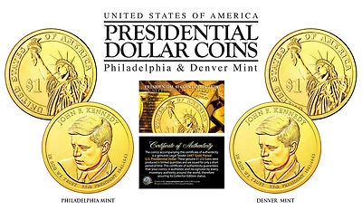 24K Gold Plated JOHN F KENNEDY 2015 Presidential Dollar 2-Coin Set BOTH P&D MINT - Image 1 of 2