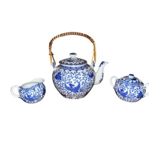 Servizio da tè vintage Noritake blu e bianco Phoenix Bird porcellana con manico bambù - Foto 1 di 5