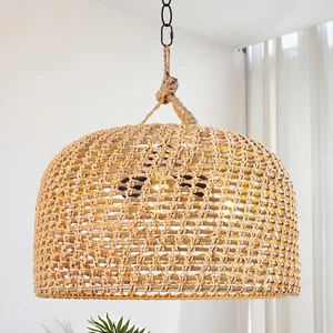 3-Lights Boho Farmhouse Chandelier Hemp Rope Woven Rattan Pendant Light Fixture - Picture 1 of 11