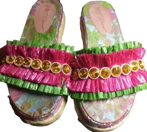 Betsey Johnson Hawaiian Pink Green Sandal Yellow Crystal Platform Flip Flop sz 9 - Picture 1 of 6