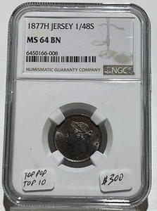 1877 H JERSEY 1/48 SHILLING NGC MS 64 BN TOP POP - Picture 1 of 7