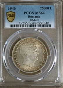 1946 Romania Argento 25000 LEI PCGS MS64. Scarso certificato - Foto 1 di 2
