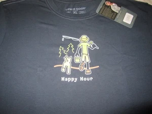 Life is Good NEU Fisch Angeln Hund Happy Hour blau Herren SS T-Shirt Tee Neu mit Etikett Größe XL - Bild 1 von 4