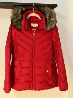 Michael Kors красный пуховик куртка искусственного меха отделки с капюшоном пальто женский размер P/M  - Изображение 1 из 4