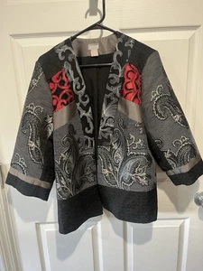Chico's schwarzer offener Kimono mit Patch-Print bestickt Jacquard gefüttert Jacke Größe 2 - Bild 1 von 7