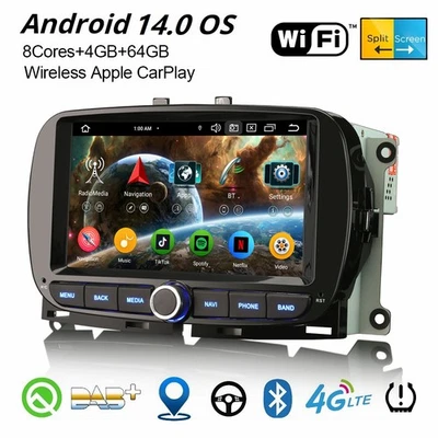 64GB Android 14 DAB+ Autoradio CarPlay 8-Kern Wifi Navi Fiat 500 500C 500S 500E - Bild 1 von 4