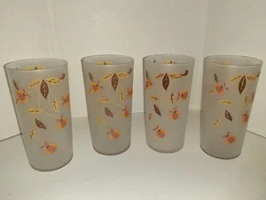 Set of 4 Vintage Hall Jewel Tea Autumn Leaf Frosted Glass Tumblers 5 1/2" Tall - Picture 1 of 4