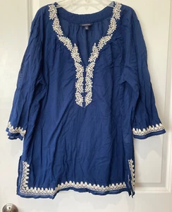 LANDS' END Sz L 14 16 Tunic Top EMBROIDERED Navy India White Leaf - Picture 1 of 7