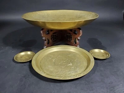Vintage Chinese Brass Dragon Heavy Brass 4 Bowl Set With Stand Marked China 14" - Image 1 of 4