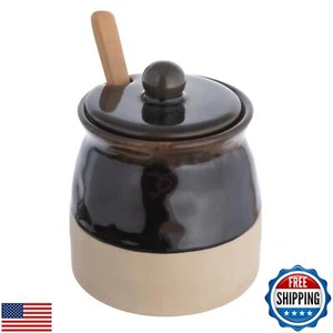 Creative Co-Op Black Stoneware Sugar Pot with Lid and Wood Spoon - Picture 1 of 5