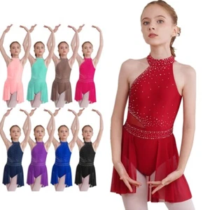 Mädchen lyrisches Tanzkleid ärmellos Neckholder Pailletten Ballett Trikot Skaten Outfit - Bild 1 von 86