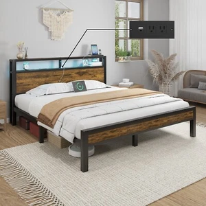 Full/Queen/King Size Metal Bed Frame Platform with 2-Tier Storage and LED lights - Picture 1 of 24