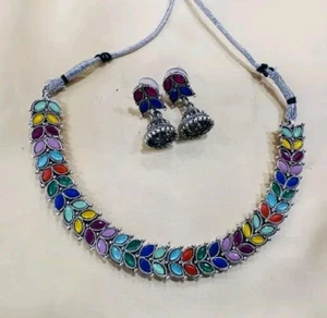 Collar étnico oxidado de plata Multi Kundan tendencia joyería elegante diseñador - Imagen 1 de 2