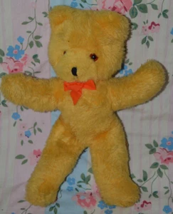 Wendy Boston Vintage Small Yellow English Teddy Bear With Red Bow 12" Tall - Picture 1 of 6