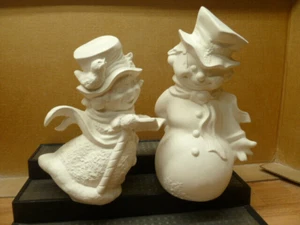 C-0255-1 Christmas Snowman Couple w/ Candy Canes 9.5 & 10.5"T Ceramic Bisque - Picture 1 of 6