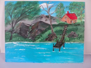 11x14 Acrylic Painting  Mountain Lake House By Local Amateur Artist - Bild 1 von 2
