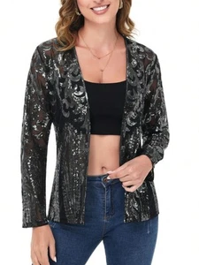 Women's Sparkly Sequin Cardigan Long Sleeve Open Front Glitter Party Evening Jac - Picture 1 of 32