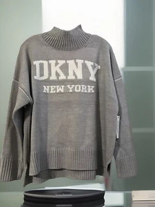 Maglione DKNY donna XL grigio manica lunga orlo spacco logo grafica girocollo caldo nuovo con etichette - Foto 1 di 16