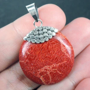 Colgante redondo de coral rojo natural de plata esterlina 925 joyería hecha a mano, RCP-104 - Imagen 1 de 5