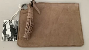 NWT MERSEA TAN SUEDE ZIPPER CLITCH BAG & TASSEL KEYCHAIN! - Picture 1 of 8