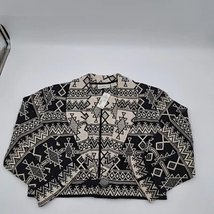 Vtg Flashback Blazer Jacket Womens Medium Black Beige Aztec Western Cropped BOHO - Picture 1 of 8