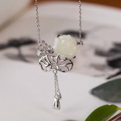 I02 Collier Argento Sterling 925 Fiore E Foglia Fiore Di Bianca Giada - Immagine 1 di 4